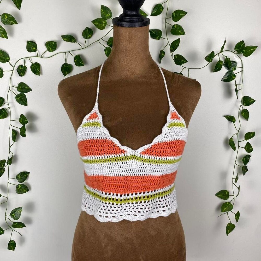 Crochet halter crop top 100% cotton Aerie indie fairy cottage y2k orange blossom